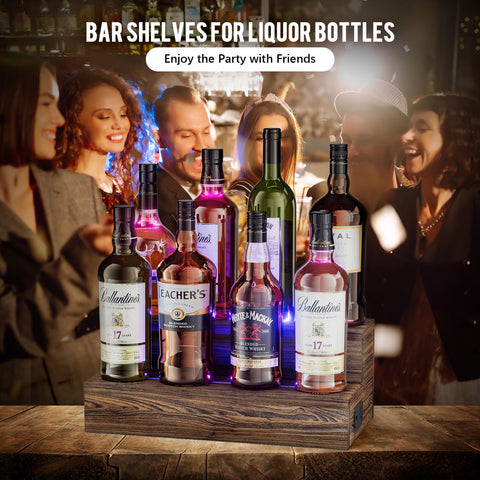 Soporte vino iluminado TIRYIUOU para optimizar espacio y ambiente de bar.