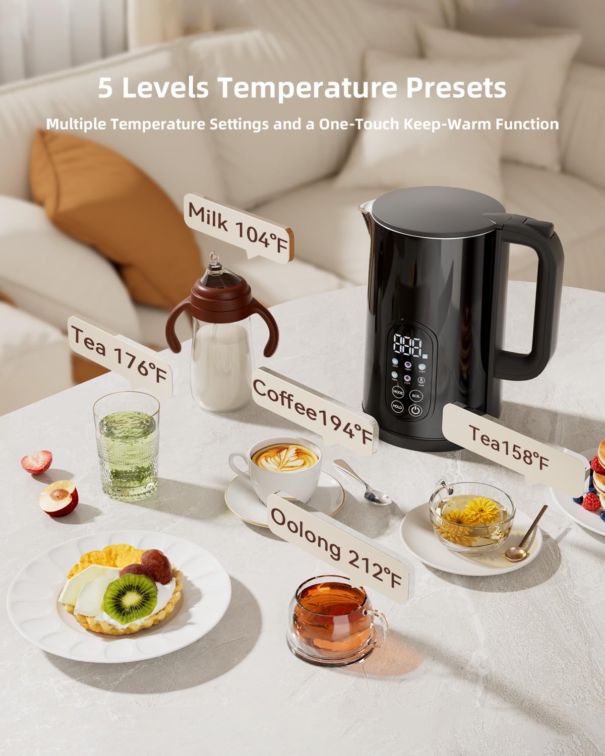Hervido rápido gracias a 1200W para bebidas en minutos.