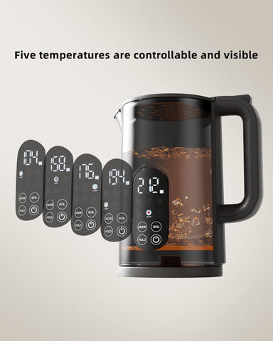 Panel de control con 5 presets de temperatura para té, café y fórmula.