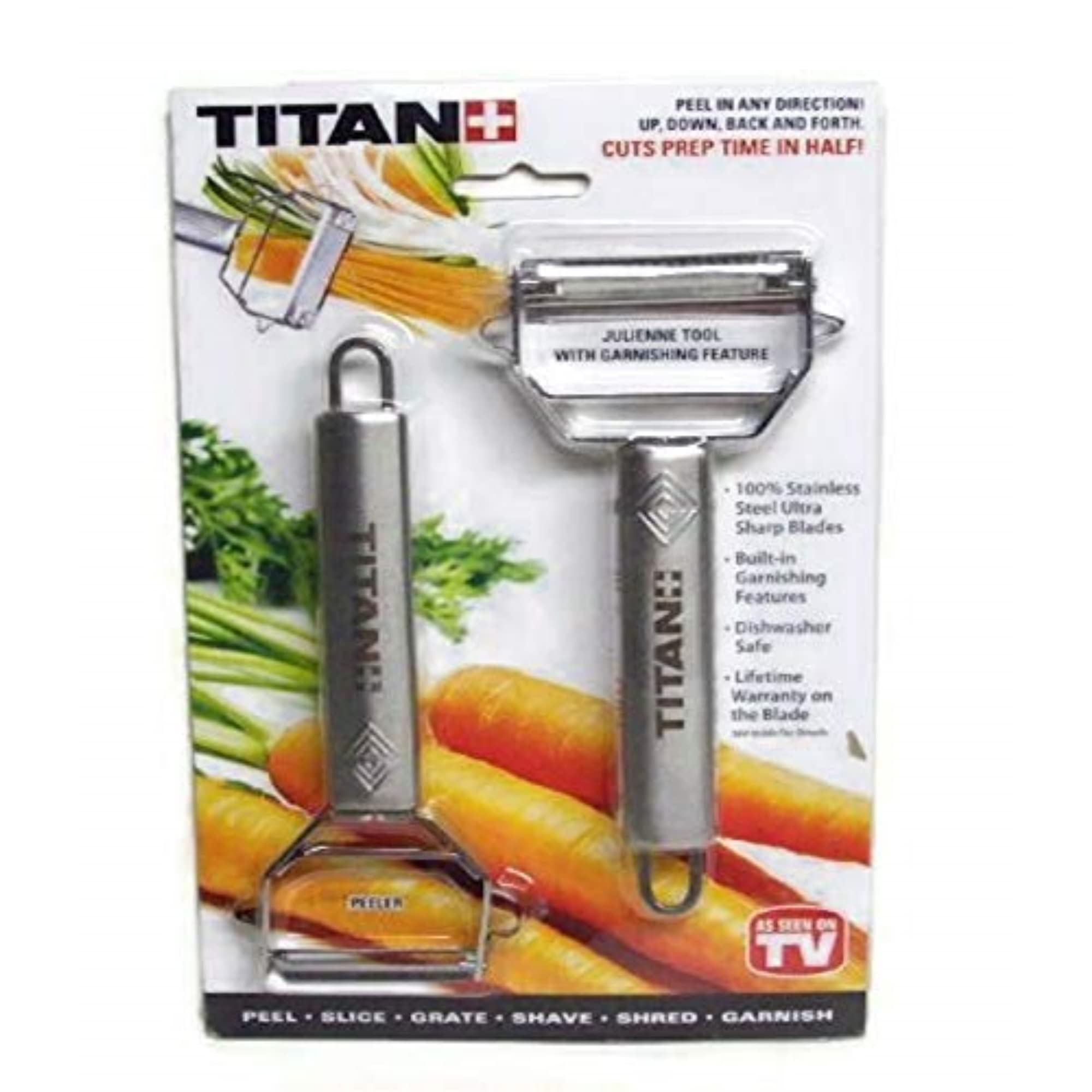 Titan Peeler, cuchilla de acero inoxidable, juliana perfecta para verduras y quesos.
