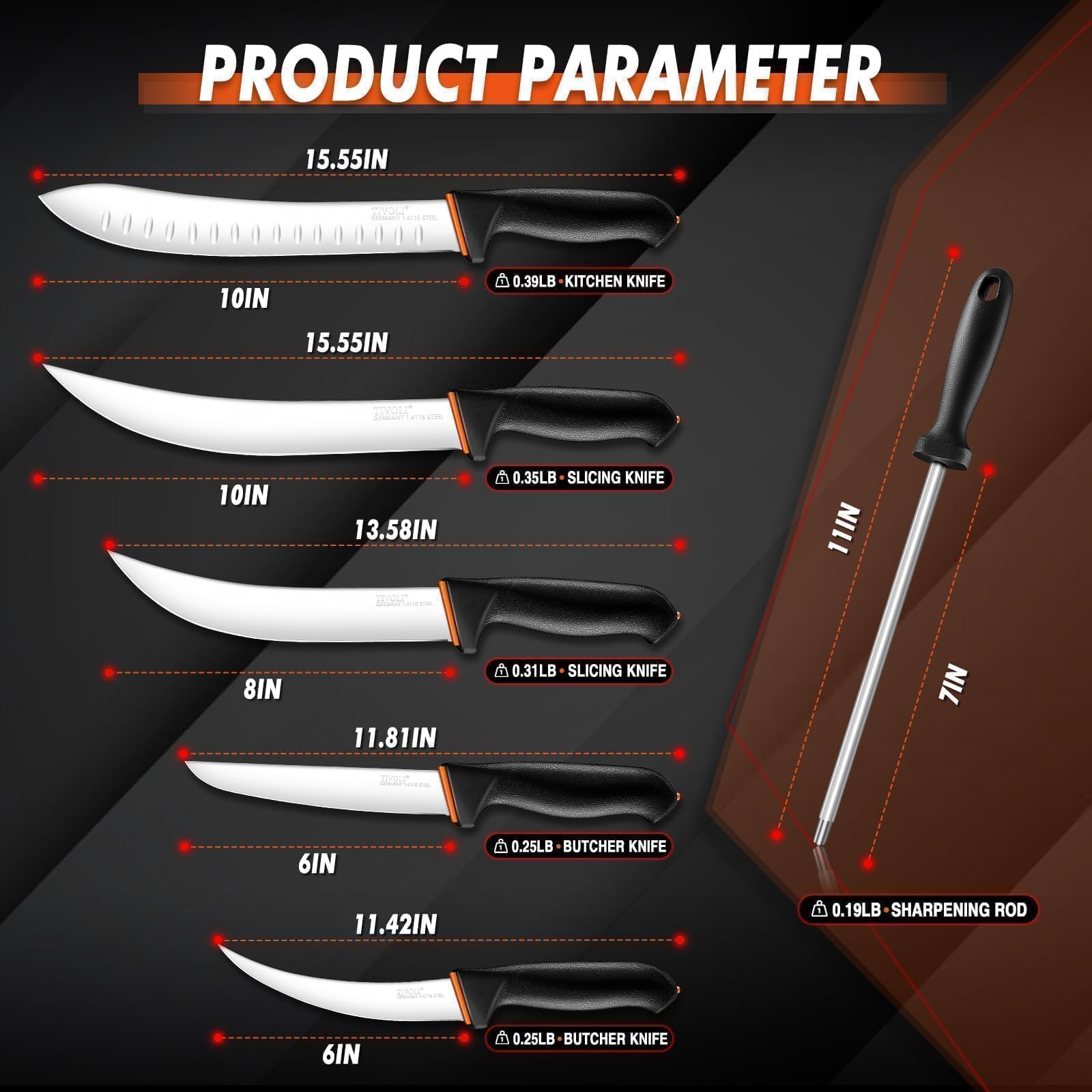 Cuchillo carnicero TIVOLI de 10 pulgadas, filo robusto para cortes.