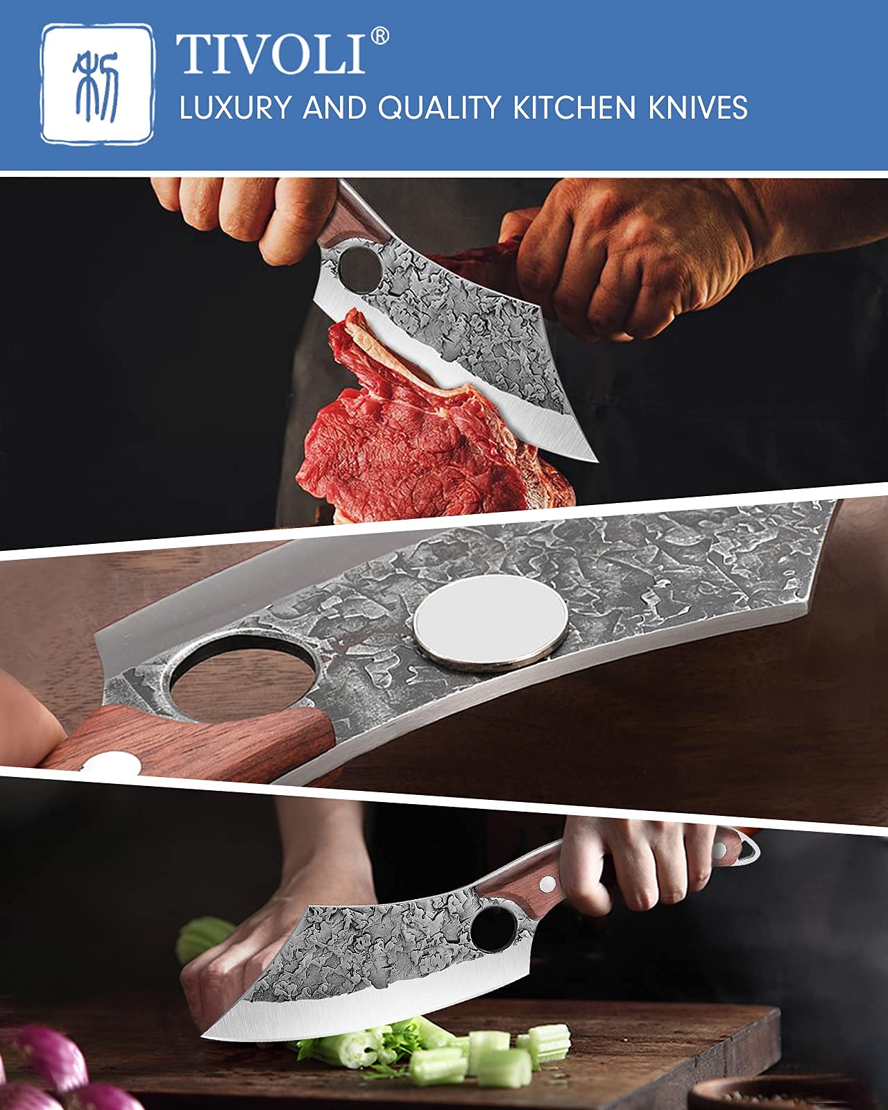 Cuchillo carnicero TIVOLI muestra corte preciso para carnes y verduras