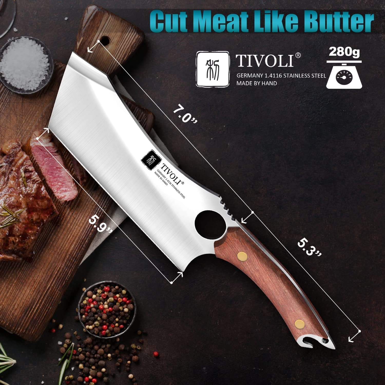 Cuchillo carnicero Tivoli con funda de cuero para transporte seguro