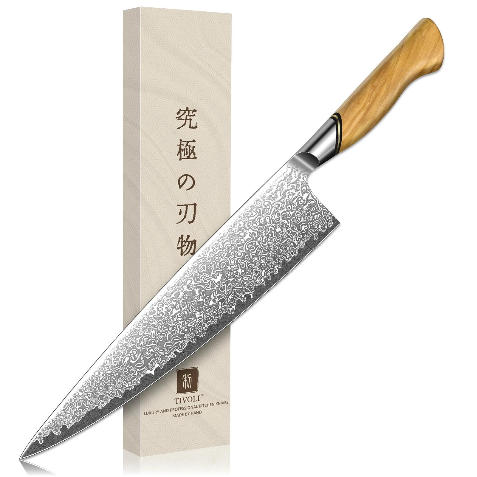 Cuchillo Tivoli Gyuto japonés de 10 pulgadas con hoja damasco para cortes precisos.
