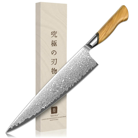 Cuchillo Tivoli Gyuto japonés de 10 pulgadas con hoja damasco para cortes precisos.