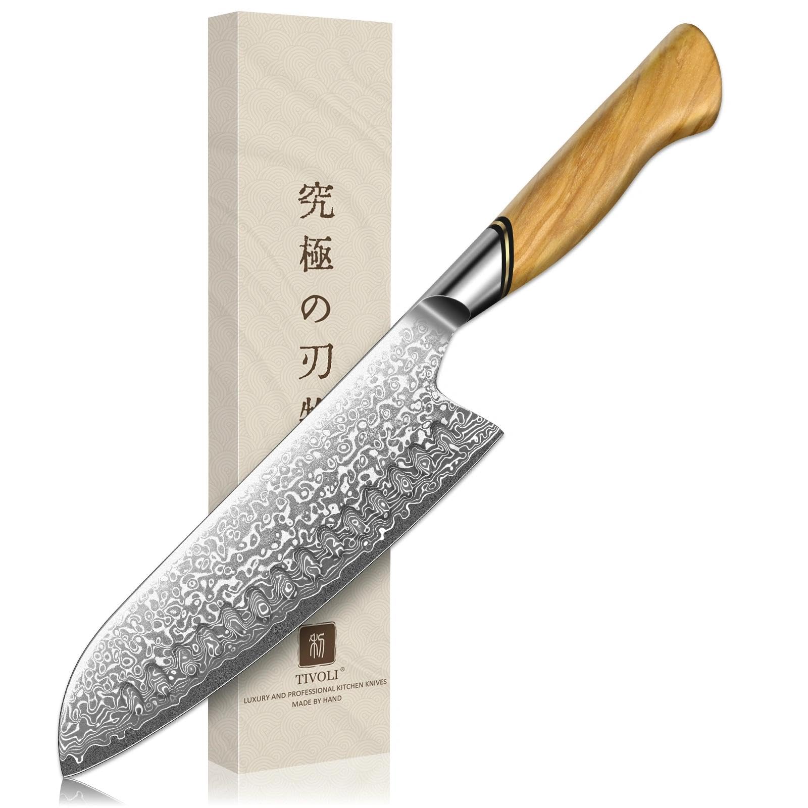 Cuchillo Santoku TIVOLI con mango de olivo ergonómico para cortes suaves en la cocina