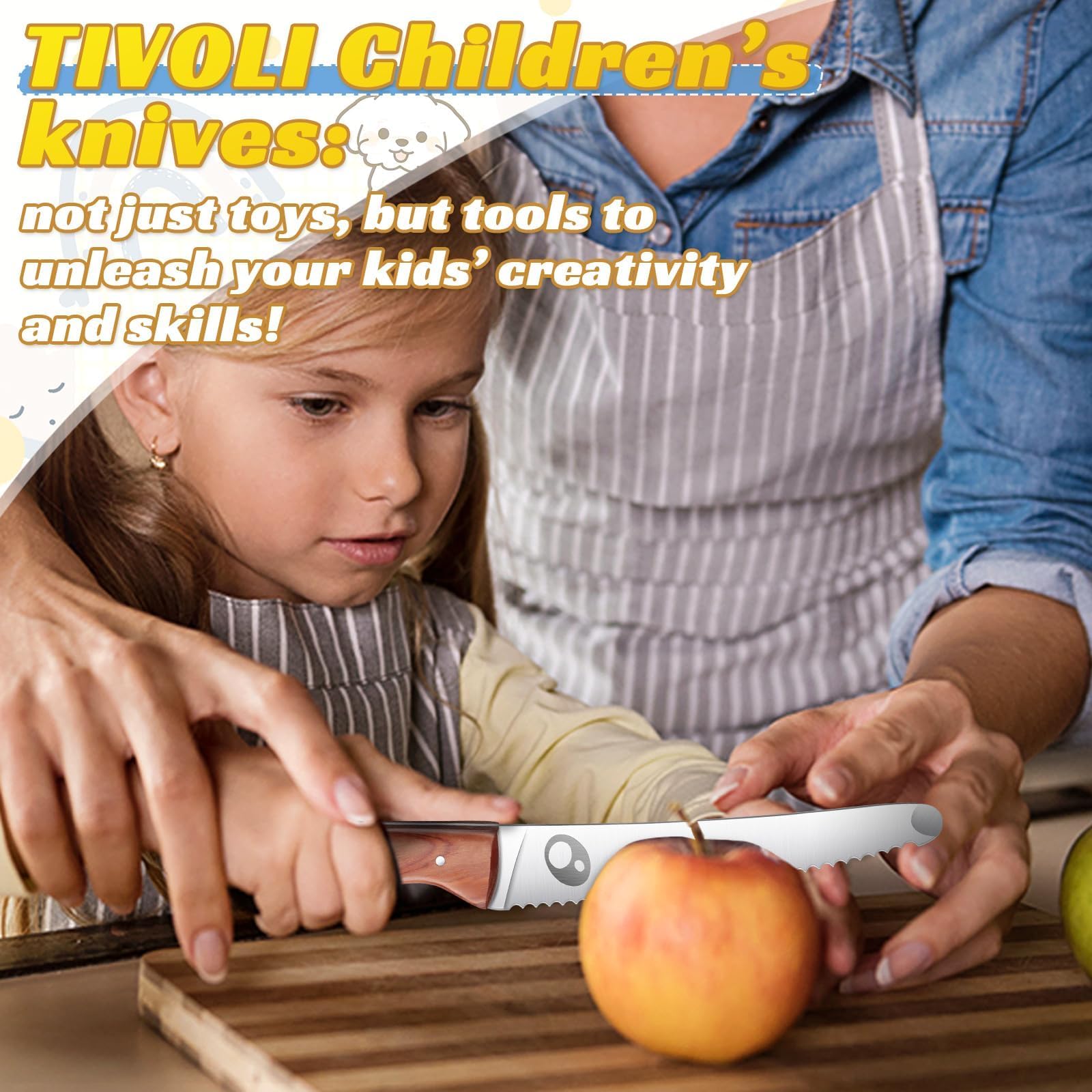 Cuchillos infantiles TIVOLI con dos serrados para aprender cortes básicos.