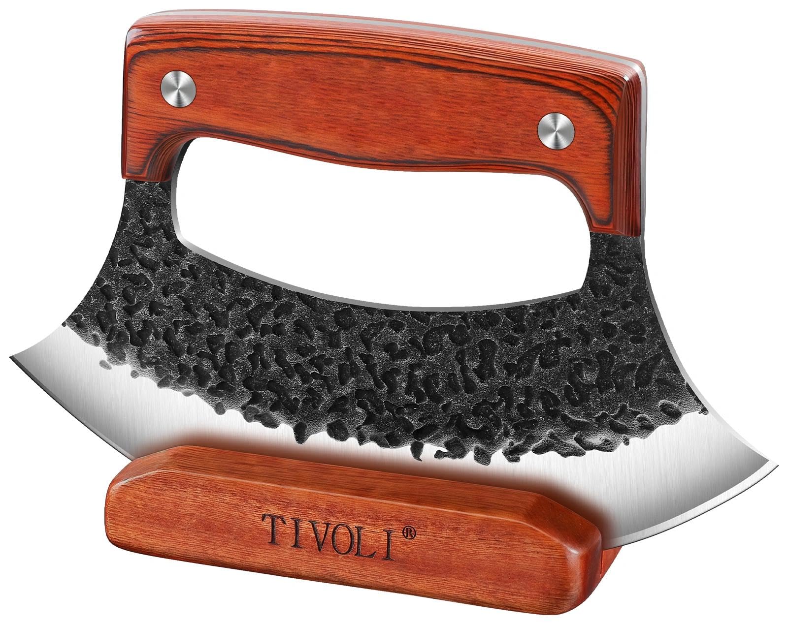 Cuchillo Ulu de TIVOLI con base de madera para almacenamiento seguro en cocina.