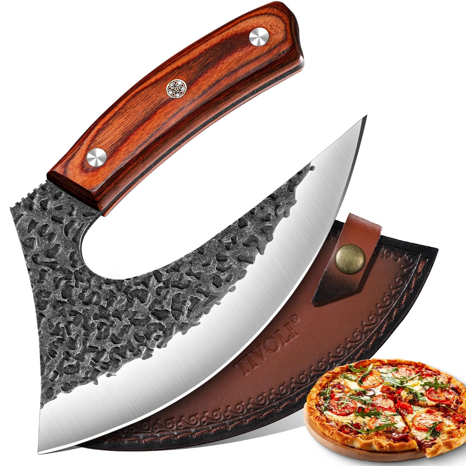 Cuchillo Ulu de TIVOLI con hoja curva y mango de palo rosa para picar con precisión.