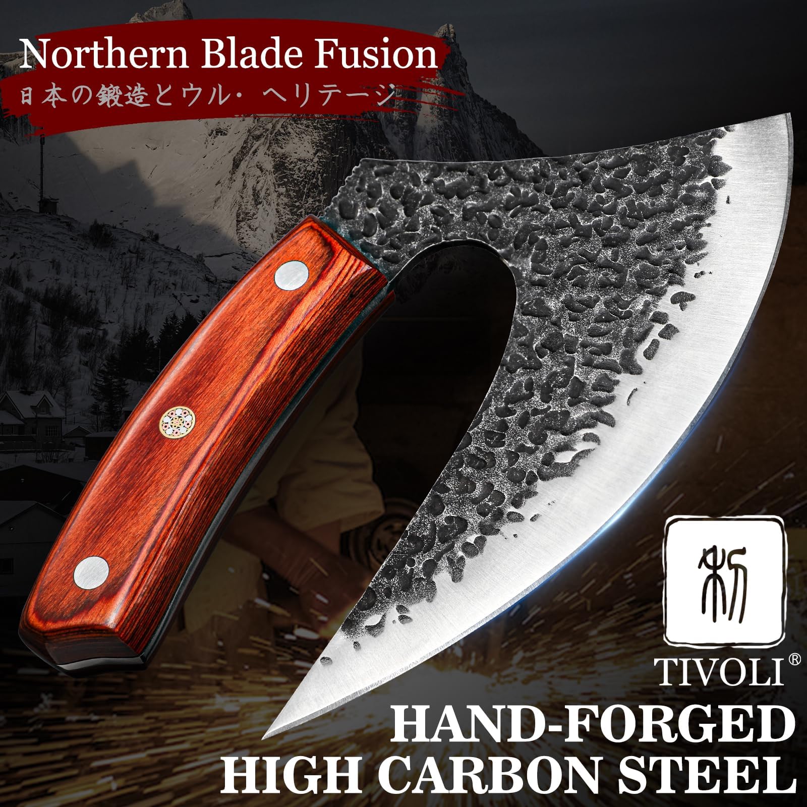 Cuchillo Ulu de TIVOLI con tang completo para durabilidad y cortes seguros.
