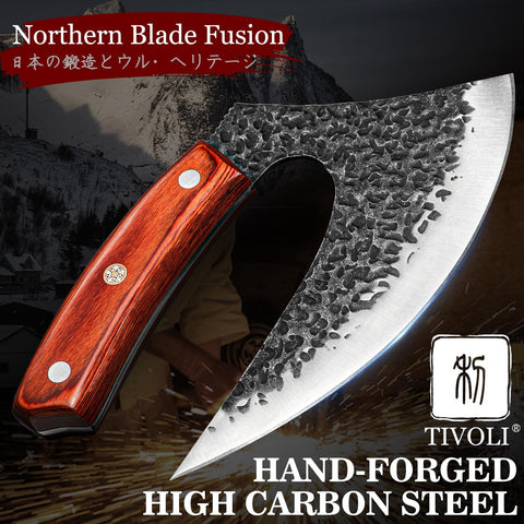 Cuchillo Ulu de TIVOLI con tang completo para durabilidad y cortes seguros.