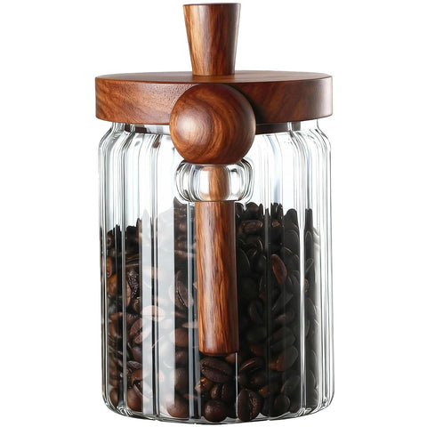 TIWPAJS frasco cafe acanalado con tapa de madera para almacenamiento seguro.