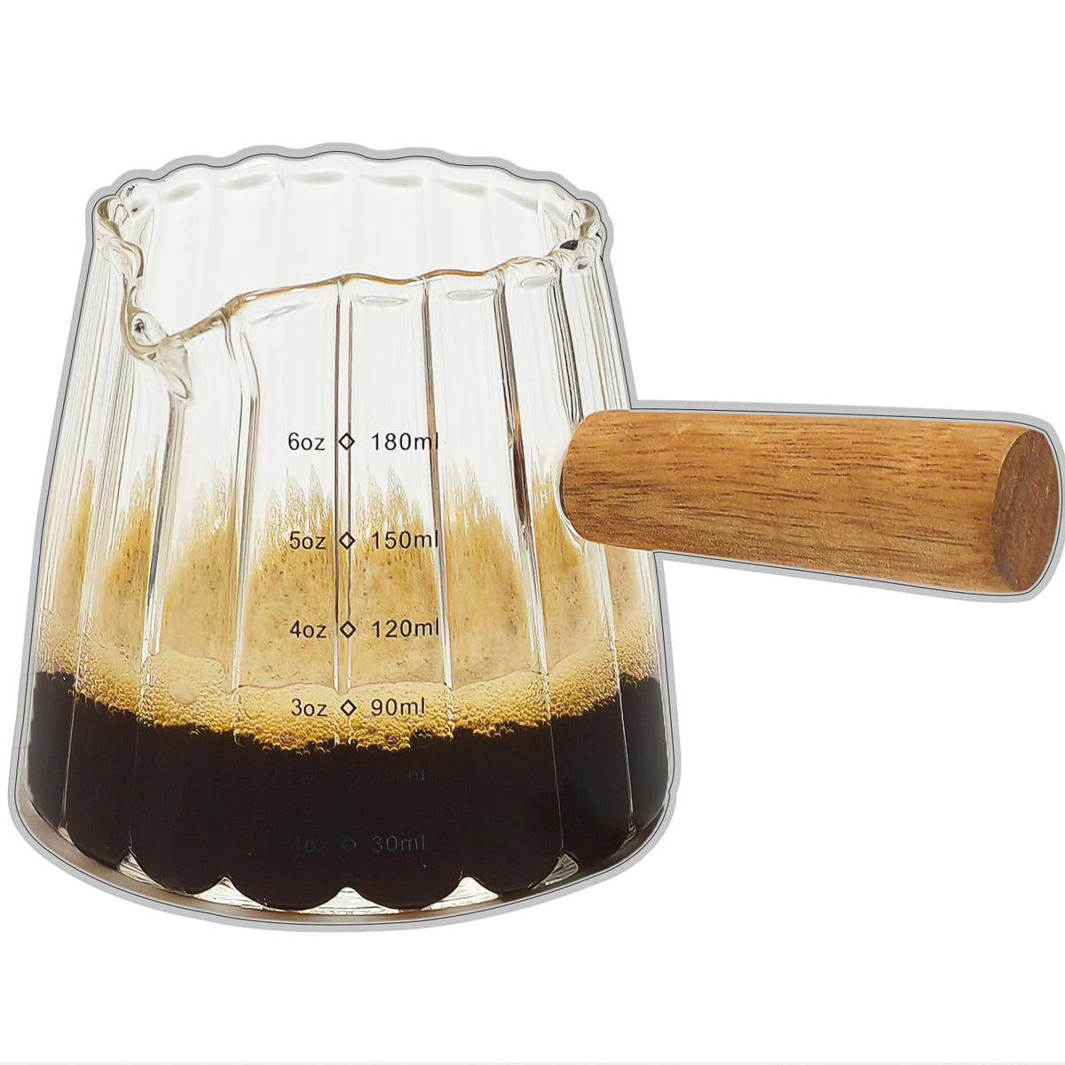 TIWPAJS Taza Medidora Espresso 6oz muestra precisión y estilo para verter.