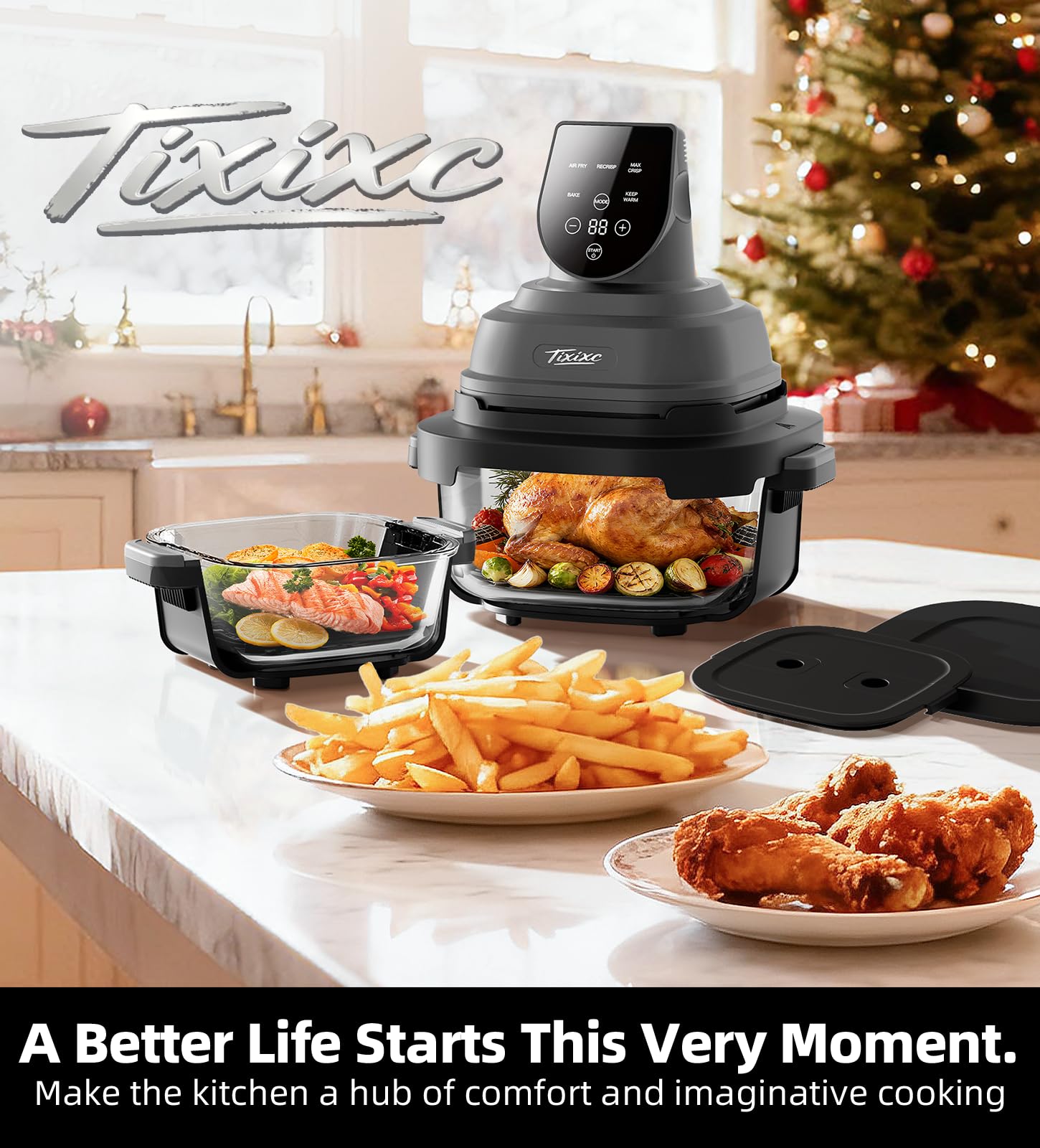 Tixixc Freidora vidrio 6cups, porciones individuales para control preciso.
