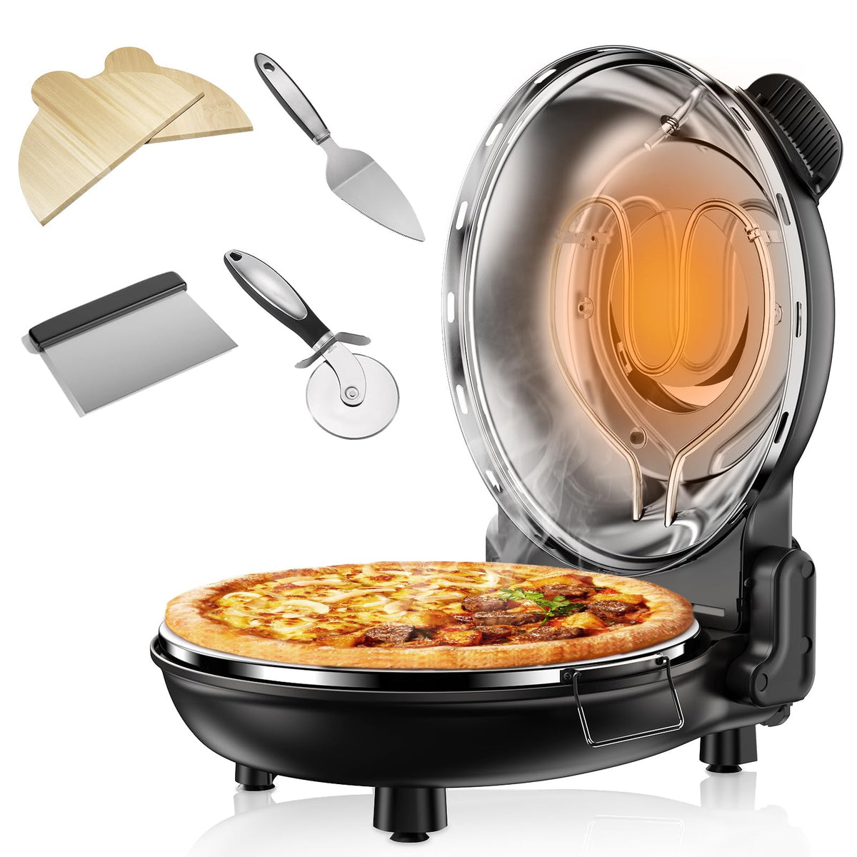 Horno Tixixc muestra interior a 800°F para pizzas crujientes.