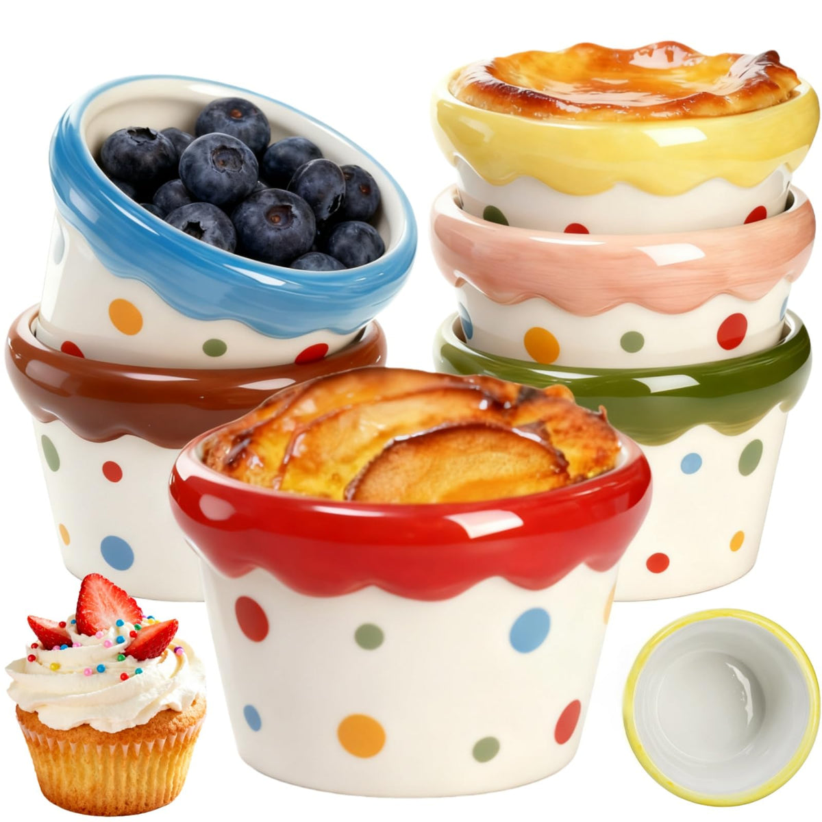 Tlence conjunto de ramequines de colores vibrantes para postres y porciones individuales.