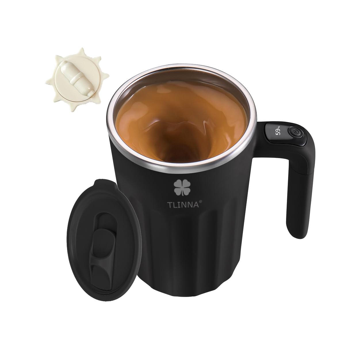 Tlinna: taza autoagitante negra lista para mezclar café caliente.
