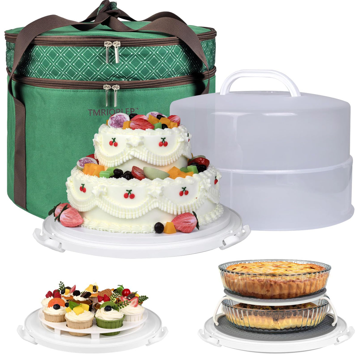 Tmrioplep porta-torta 12 pulgadas con tapa para transportar tortas sin derrames.