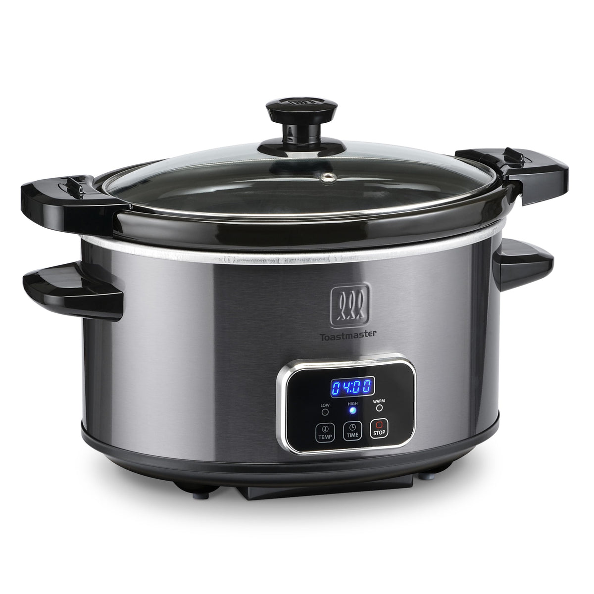 Toastmaster Olla lenta 4 cuartos grafito, vista frontal, ideal para comidas familiares.