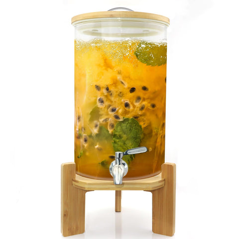 TOCLIU dispensador de vidrio con soporte de madera para bebidas grandes y festivas.
