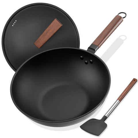 Todlabe sartén estilo wok de acero carbono 13 pulgadas con tapa para saltear rápido y uniforme.