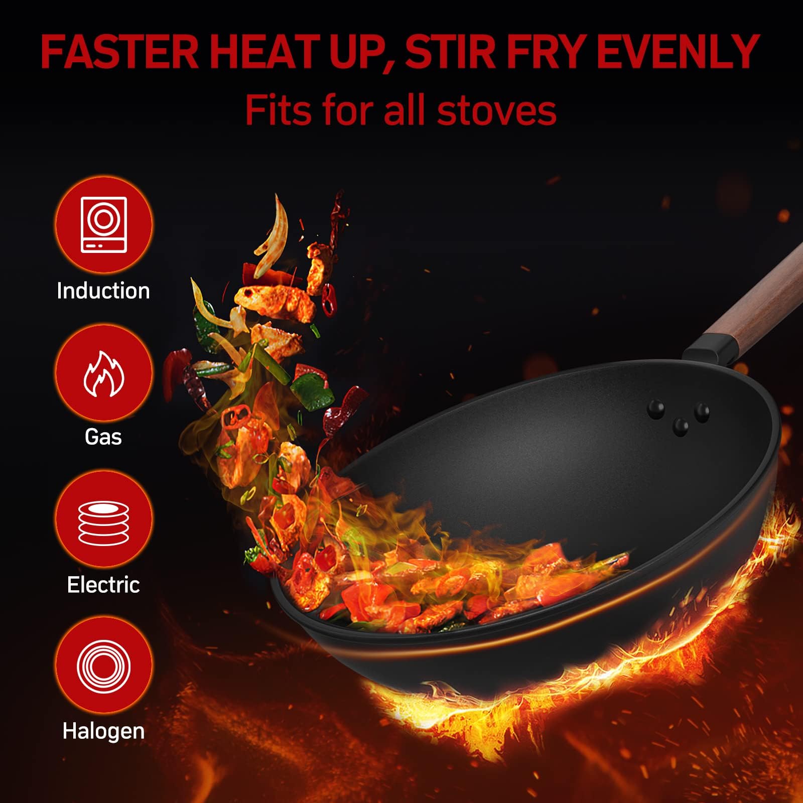 Todlabe wok con base plana apta para inducción, cocina estable en cualquier estufa.