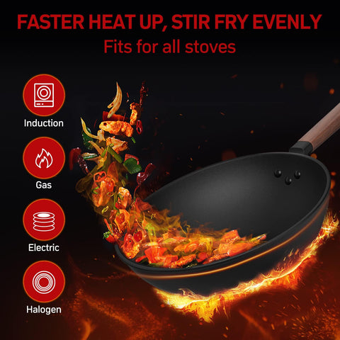 Todlabe wok con base plana apta para inducción, cocina estable en cualquier estufa.