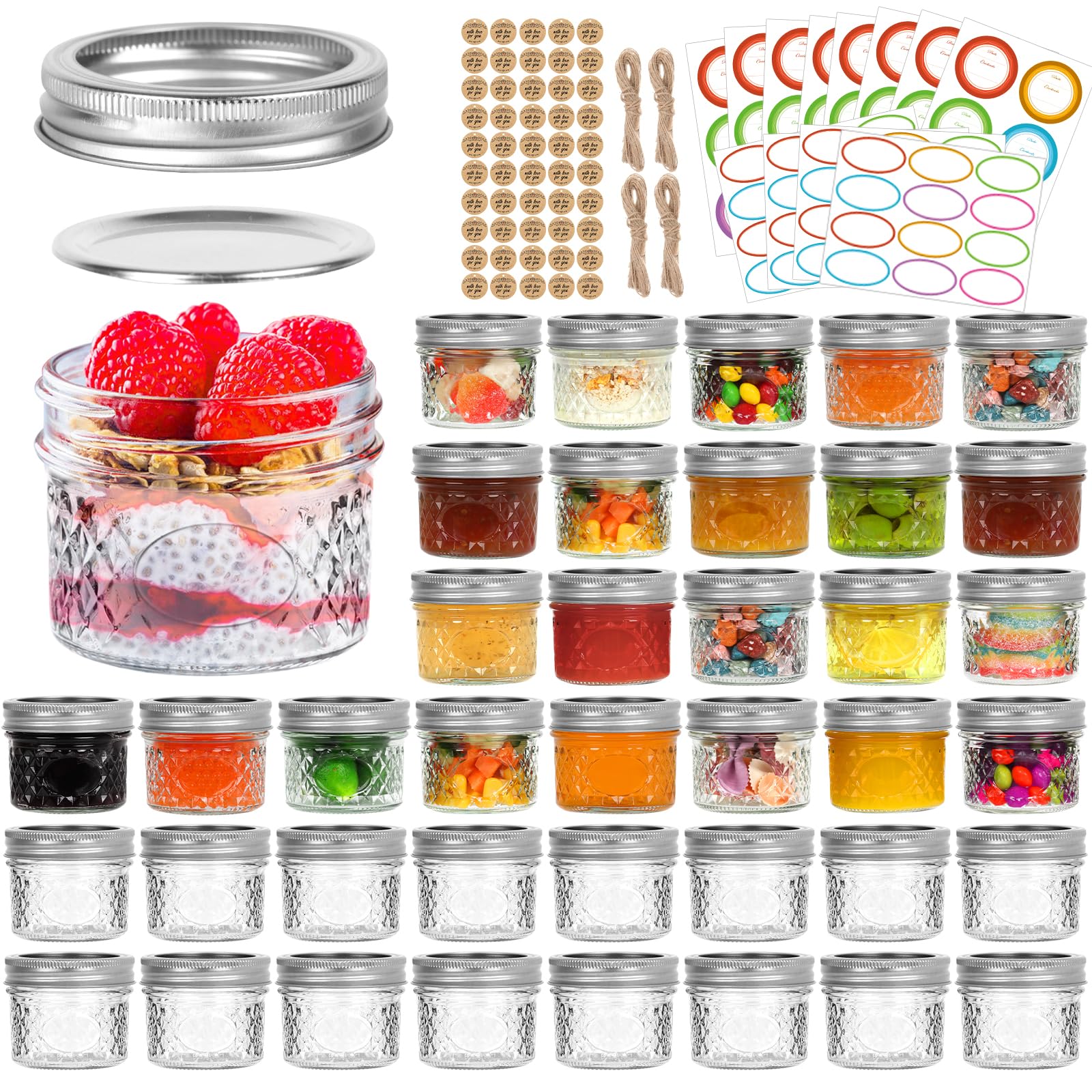 TOEKSIX mini frasco Mason 4 oz con diamante, ideal para mermeladas y especias
