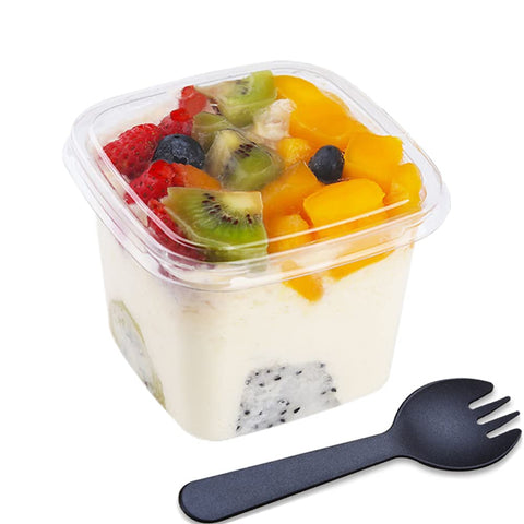TOFLEN: copas postre cuadradas con tapa y tenedores-cuchara combinados, ideales para servir y transportar.