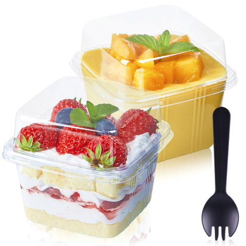 TOFLEN vasos postre cuadrados 8oz con tapas y cucharas, conjunto completo para postres para llevar