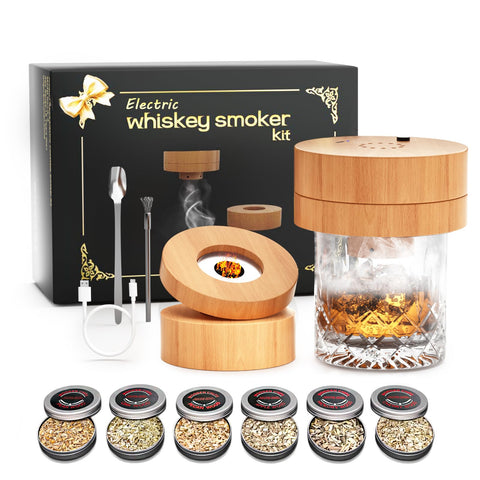 Tohezkir ahumador eléctrico para whisky, en copa, sabor intenso.