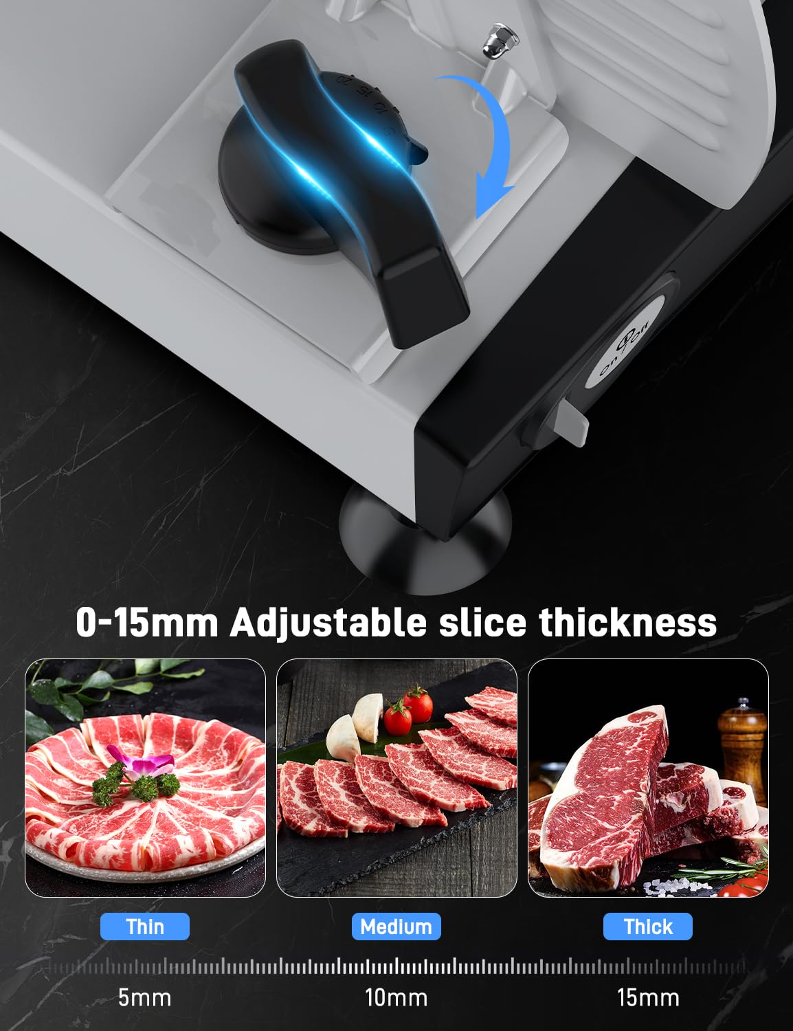 Tokass cortadora de carne 200W, ajuste de grosor para porciones.