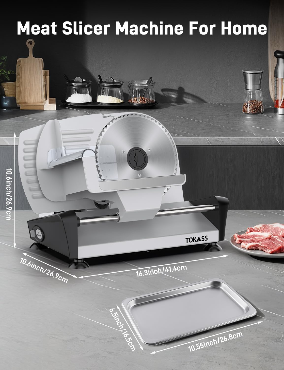 Tokass cortadora de carne 200W, seguridad con bloqueo y botón.