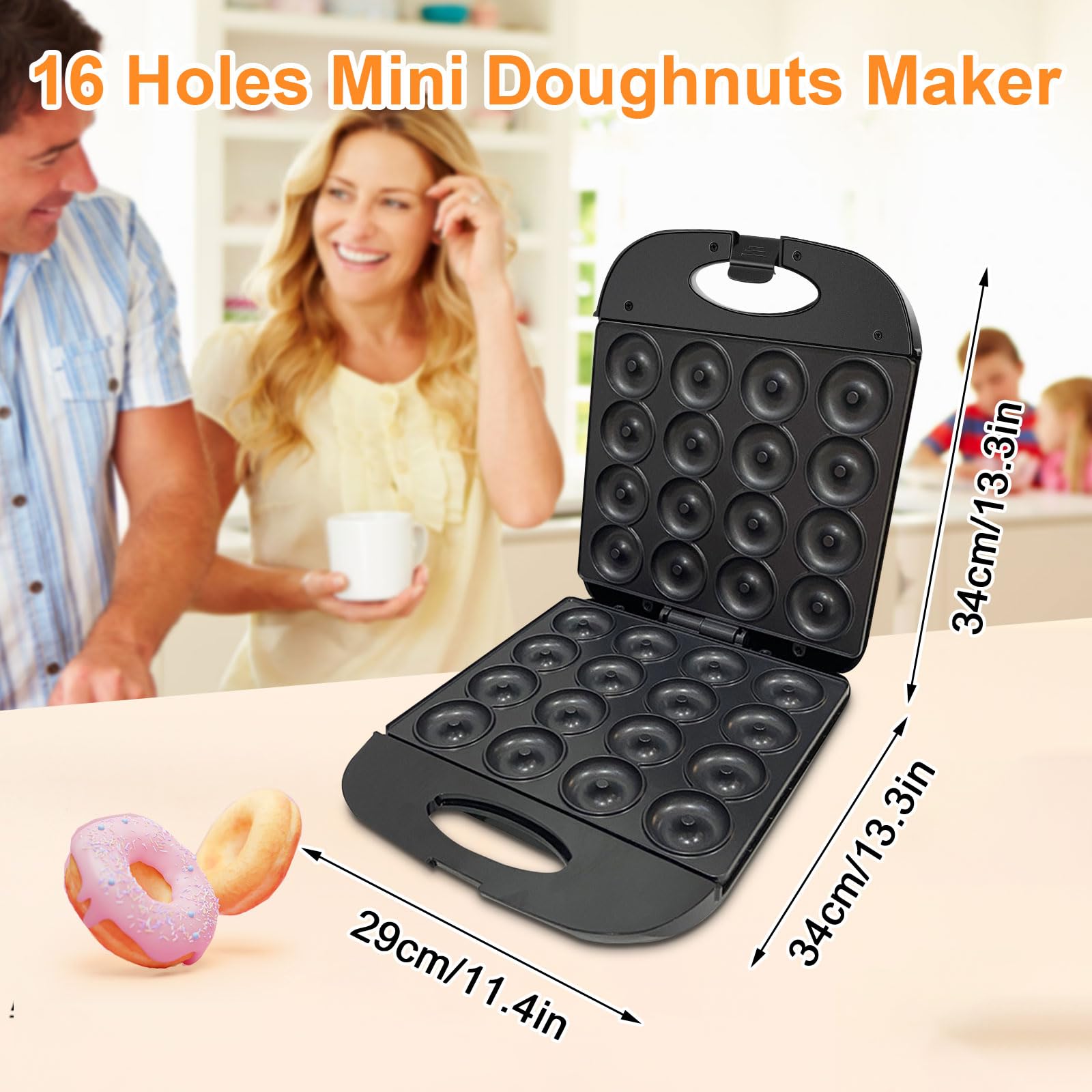 Toma en cocina con Jovell mini horno para donas, donas listas para servir.