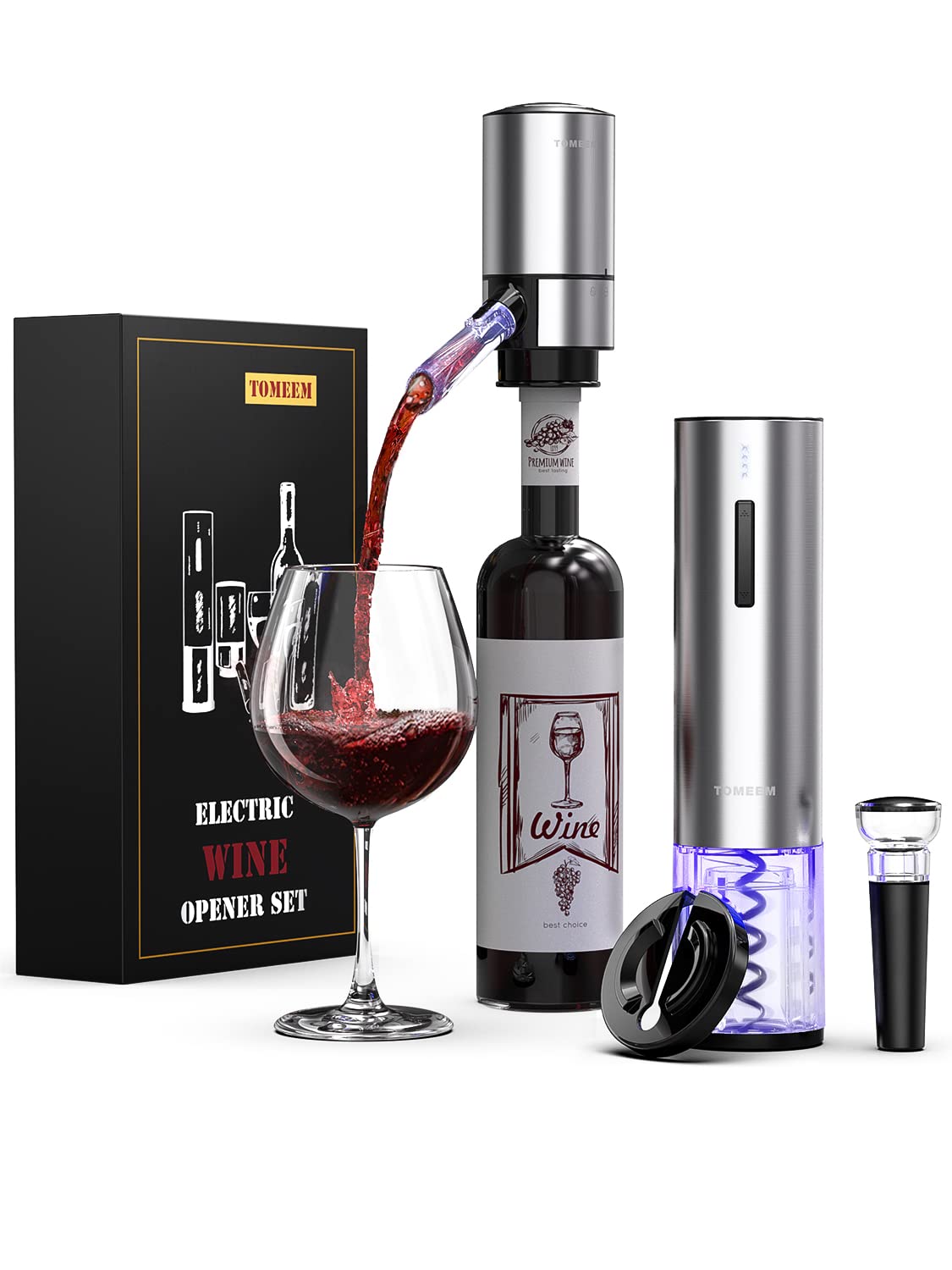 TOMEEM abrebotellas eléctrico en acción para servir vino con facilidad.