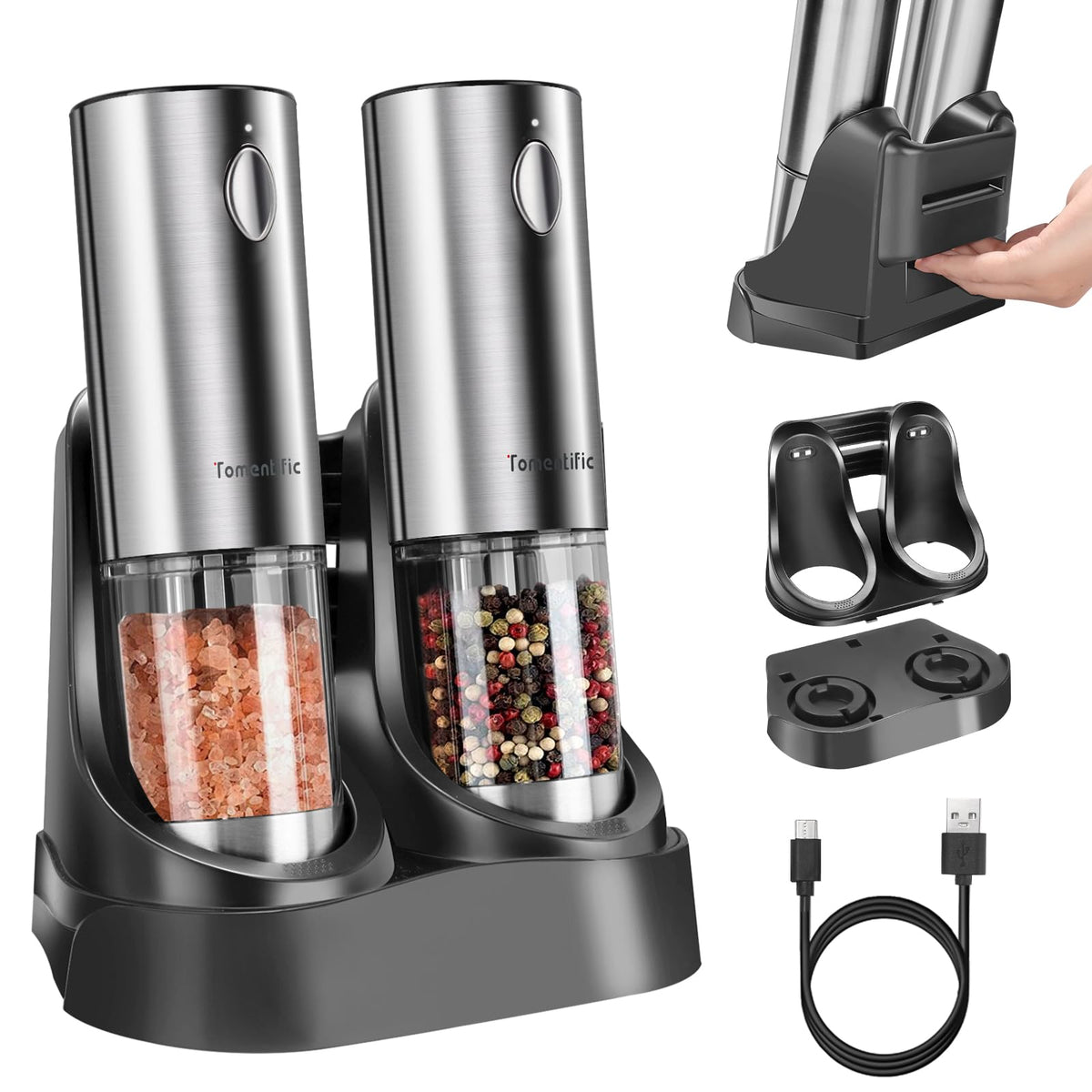Molinillos Tomentific con base desmontable para carga y almacenamiento práctico.