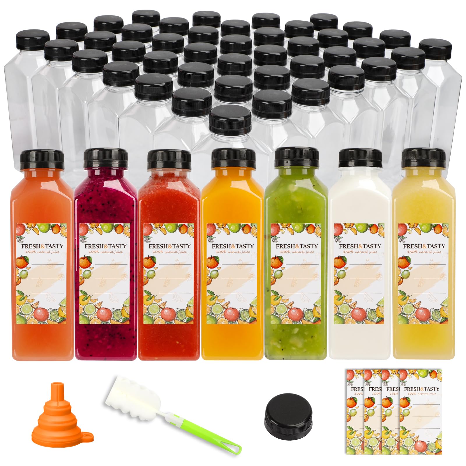 TOMNK botellas plástico 16 onzas con tapas negras y etiquetas para personalizar bebidas.
