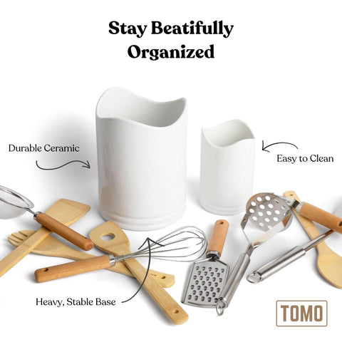 TOMO ceramic crocks blend with decor while tidying up utensil storage