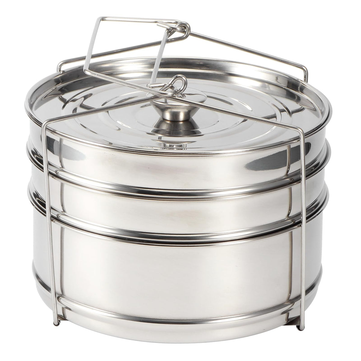 Tomotato pan inserto apilable, vista superior, tres niveles para cocinar varios alimentos a la vez.