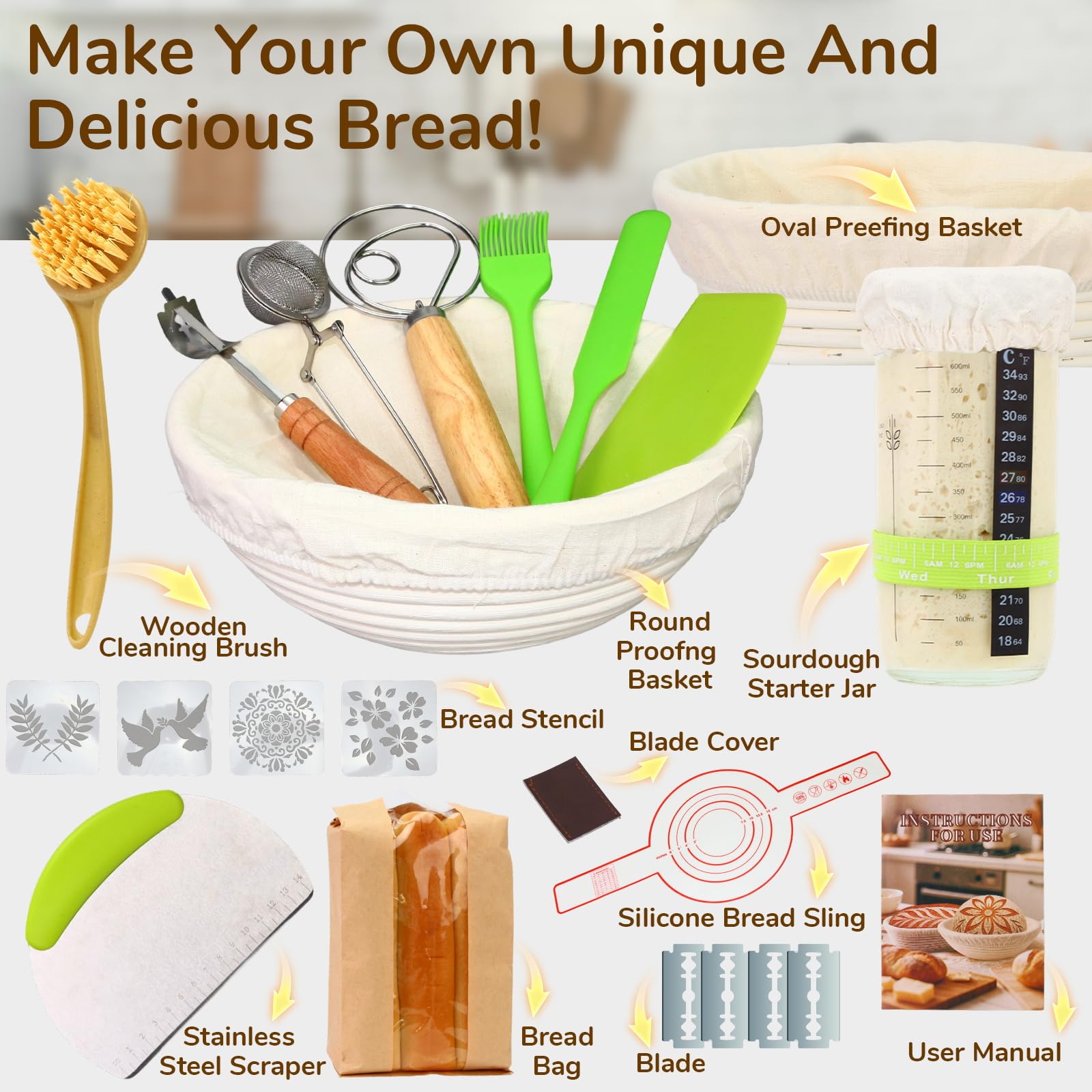 Tomshub kit masa madre con cesta banneton ovalada de 10 pulgadas para fermentación uniforme