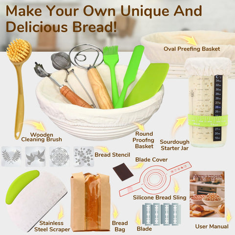 Tomshub kit masa madre con cesta banneton ovalada de 10 pulgadas para fermentación uniforme