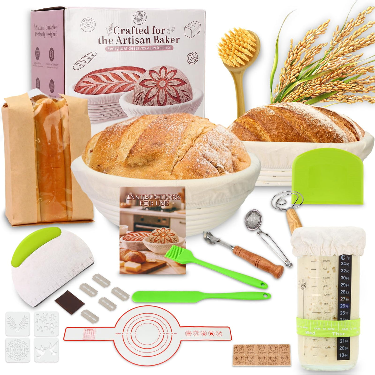 Tomshub kit masa madre con cesta banneton redonda de 9 pulgadas para dar forma artesanal