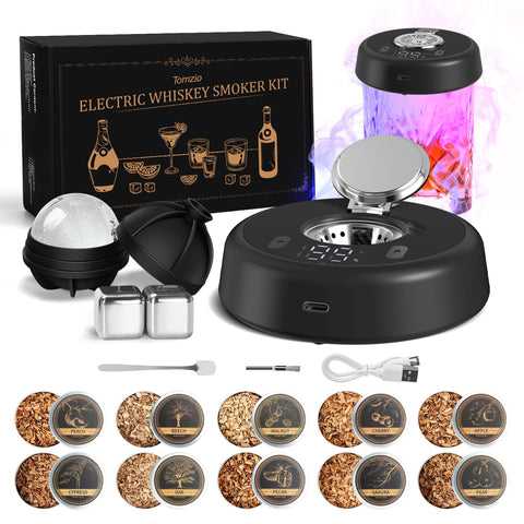 Tomzio ahumador whisky eléctrico con 7 modos de luz para degustaciones con humo concentrado.