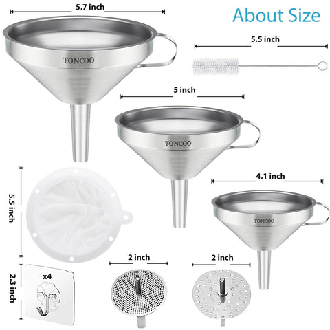 Toncoo embudo acero inoxidable 5 pulgadas ideal para trasvasar líquidos sin goteos.