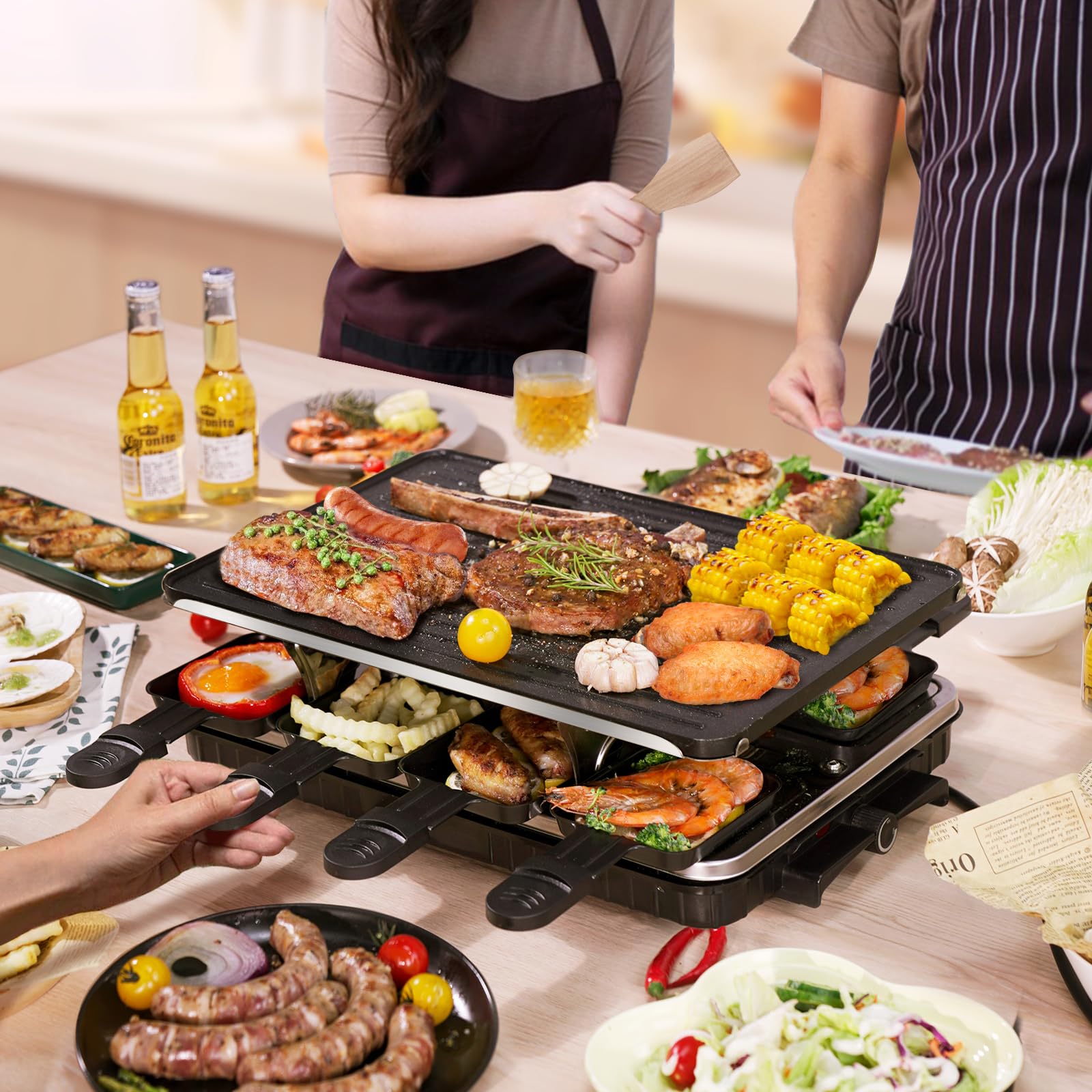 TONZE Raclette Table Grill, superficie plana para crepes y huevos, uso versátil.