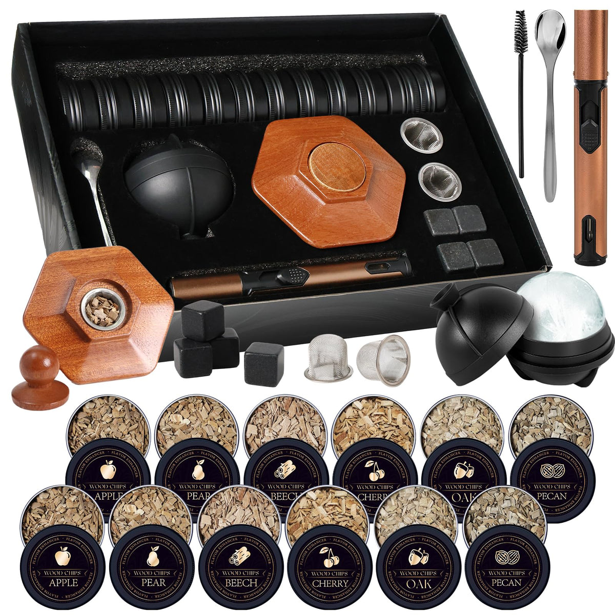 TOOKEBEEGO kit de ahumador para whisky con 12 maderas, intensifica aromas naturales.