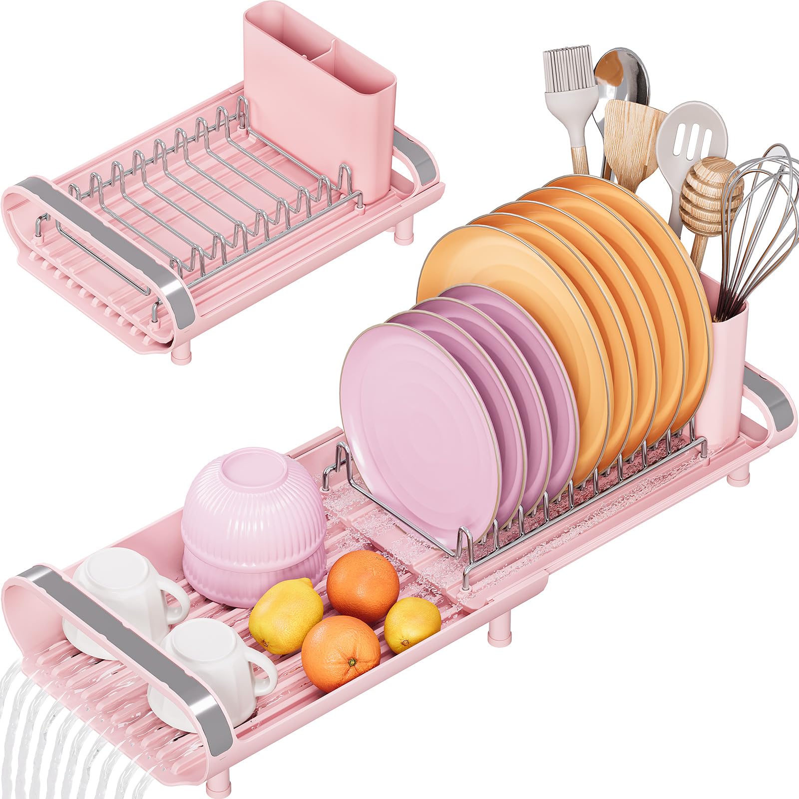 TOOLF escurridor extendible en rosa para optimizar espacio en la encimera.