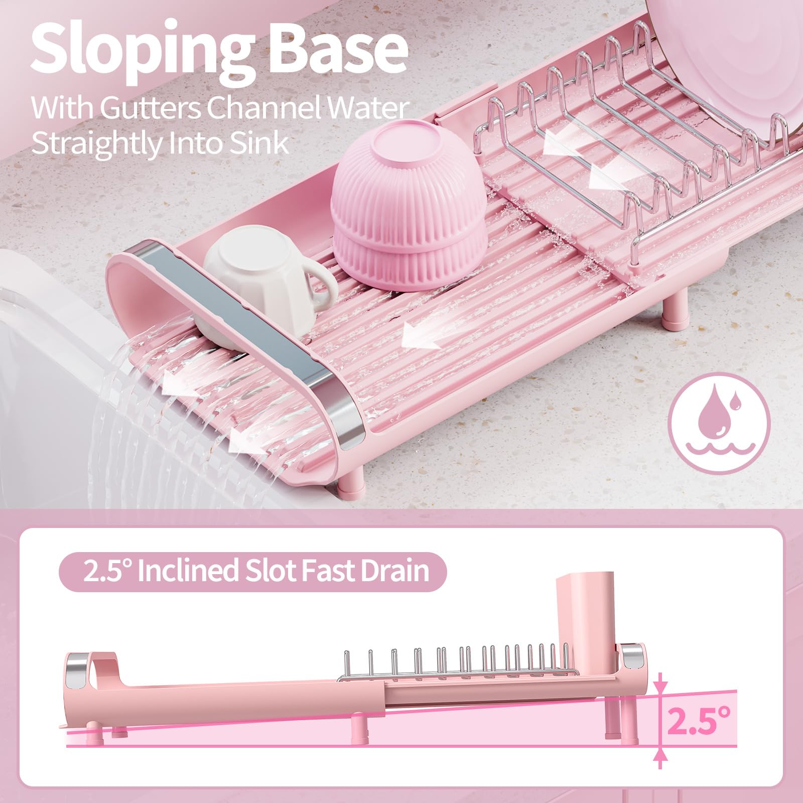 TOOLF sistema de drenaje rápido dirige el agua al fregadero en rosa.