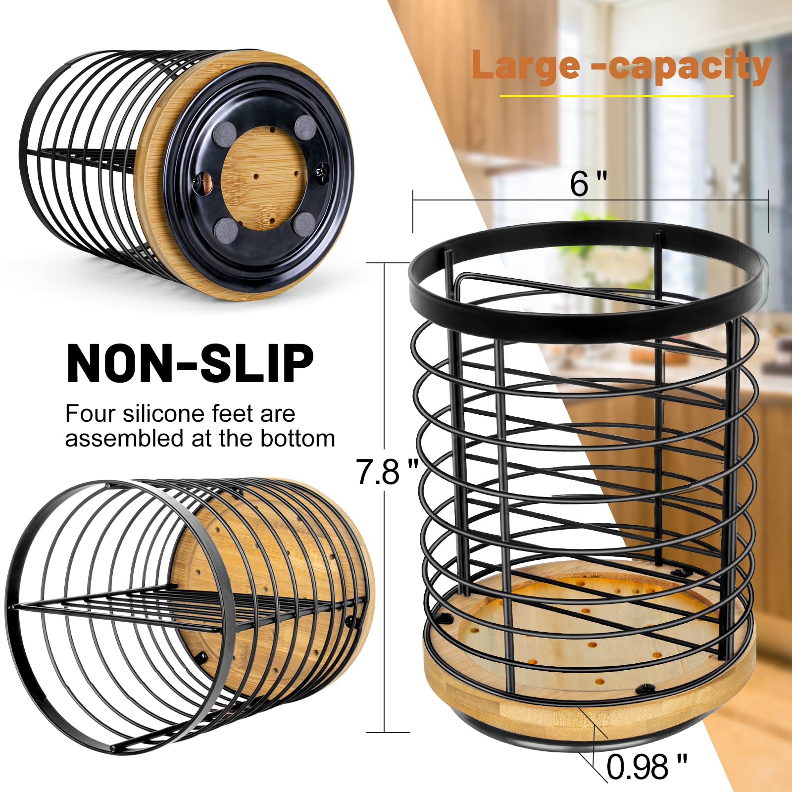 Toosci porta-utensilios negro mate con base de bambú para cocina moderna.