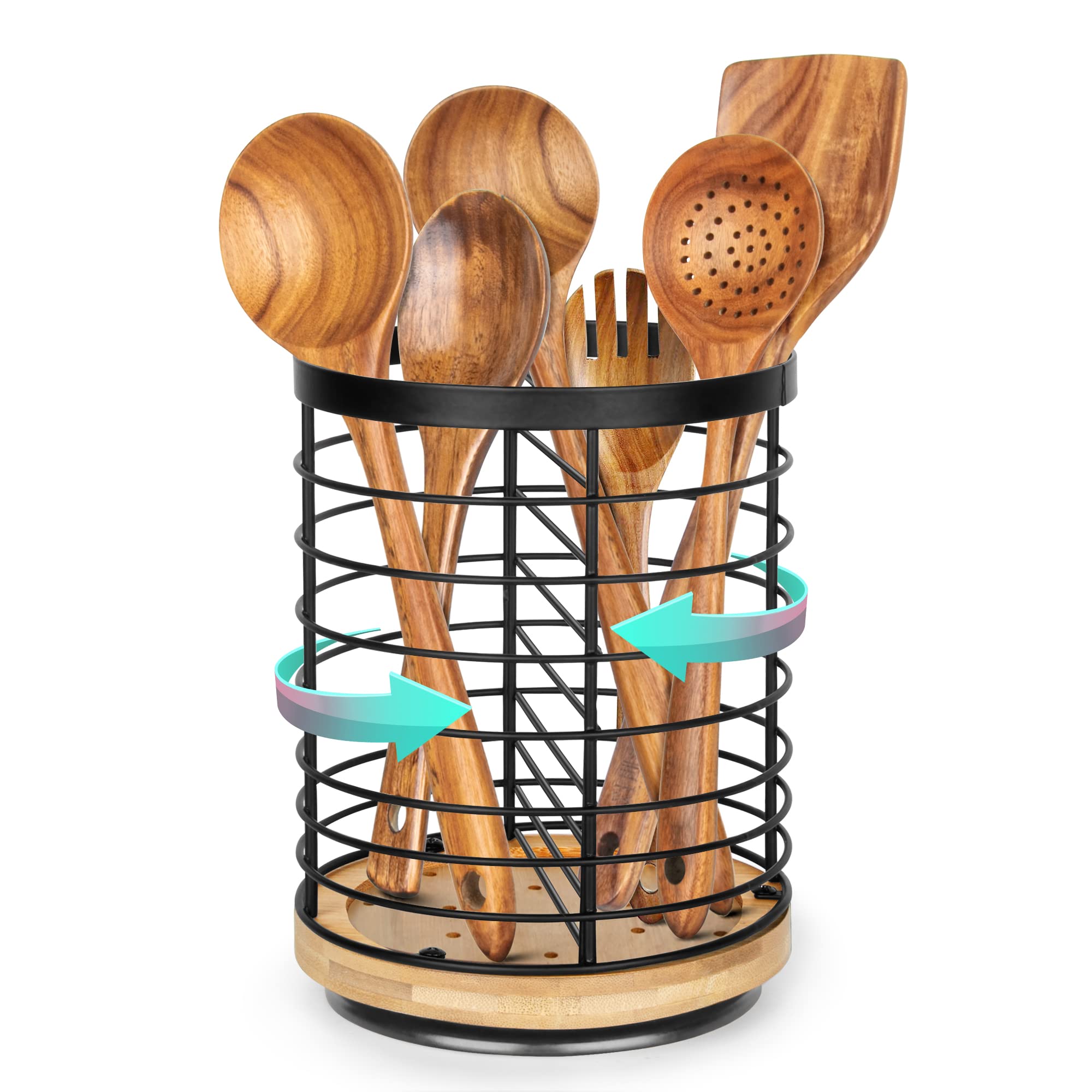 Toosci porta-utensilios en encimera con giro y base de madera, acceso rápido.